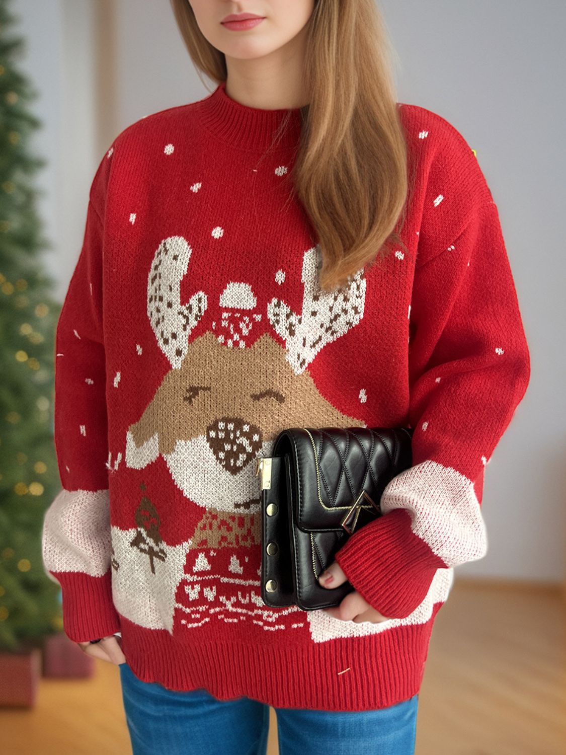Laila - Pull à col montant avec motif de renne et manches longues pour femme