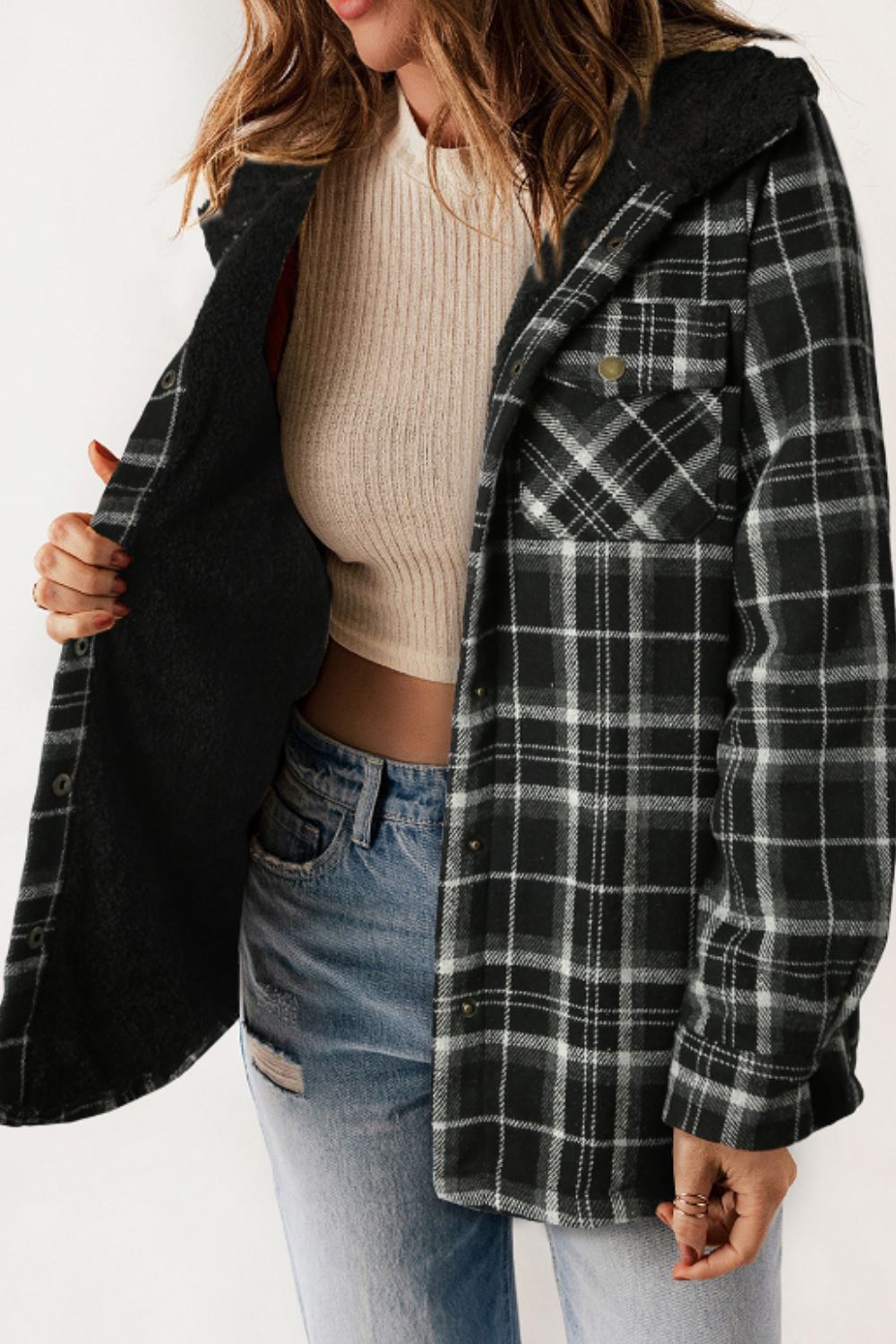 Mira - Veste à carreaux boutonnée avec capuche et manches longues pour femme