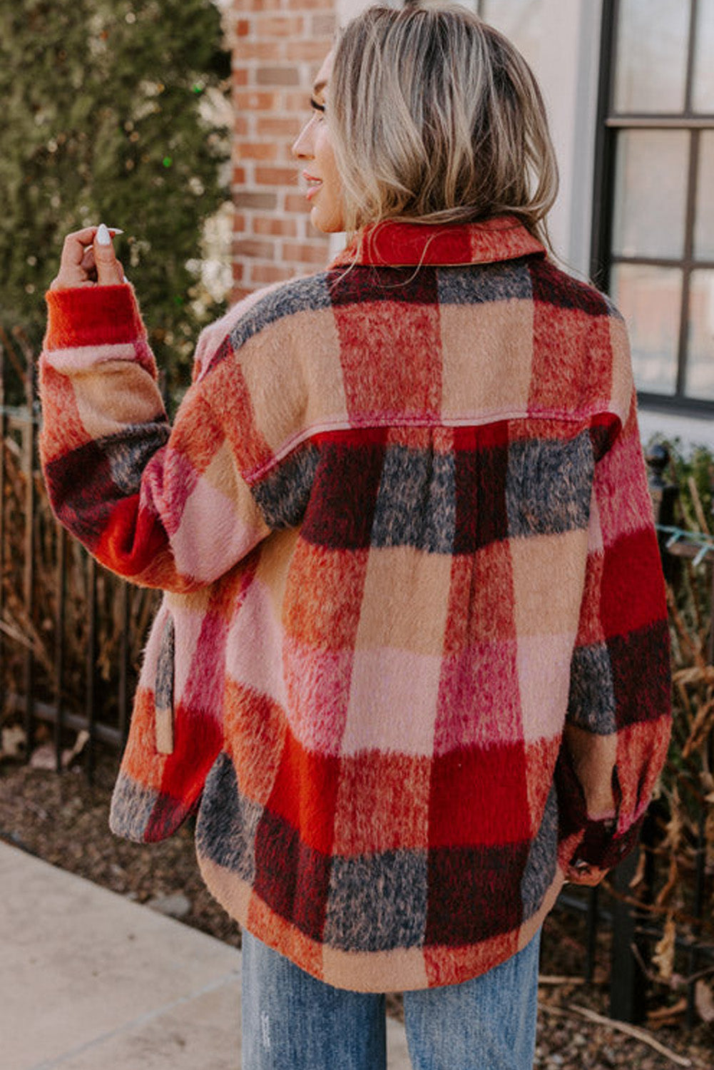 Danella - Veste Décontractée Grande Taille à Carreaux Orange avec Poches à Rabat et Boutons