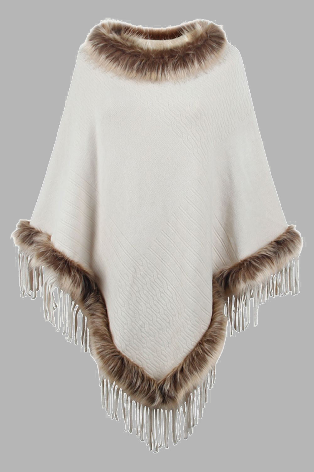 Sofia - Poncho à franges avec bordure en fausse fourrure pour femme
