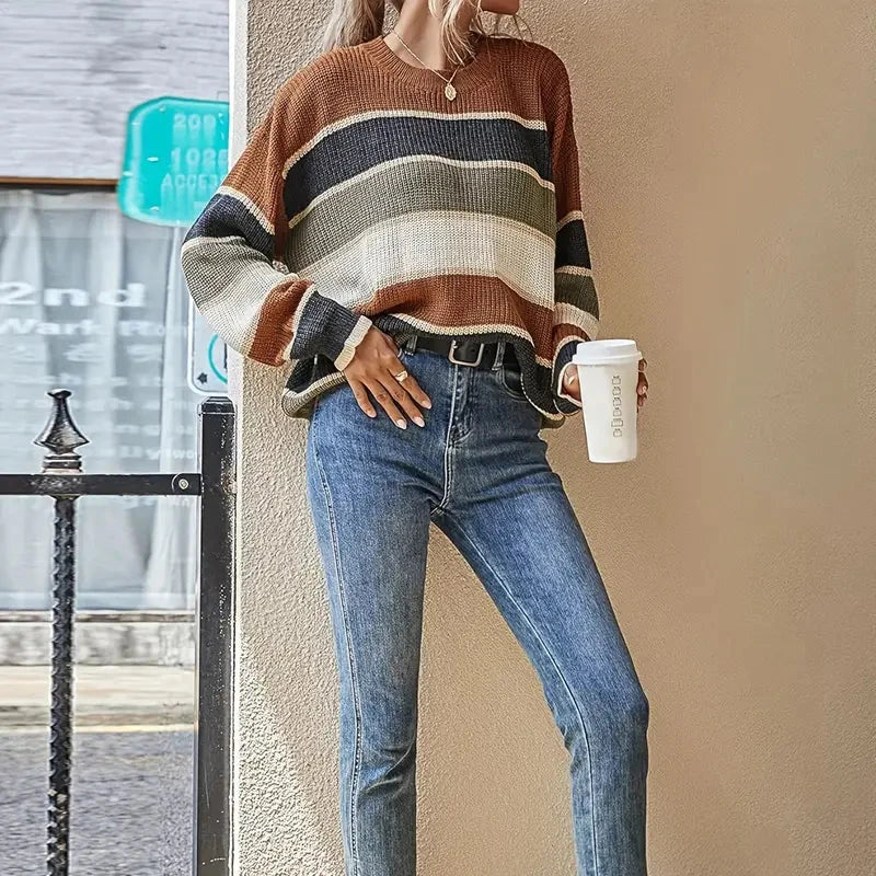 Clara - Café Pull Color Block avec Col Rond pour Femmes