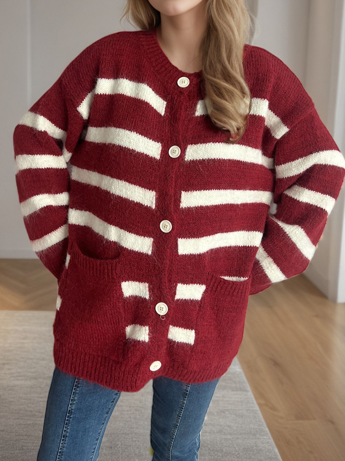 Lea - Cardigan à rayures boutonné et manches longues pour femme