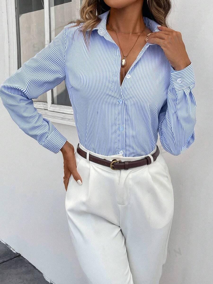 Marina - Blouse Classique à Rayures Bleu Clair pour Femme