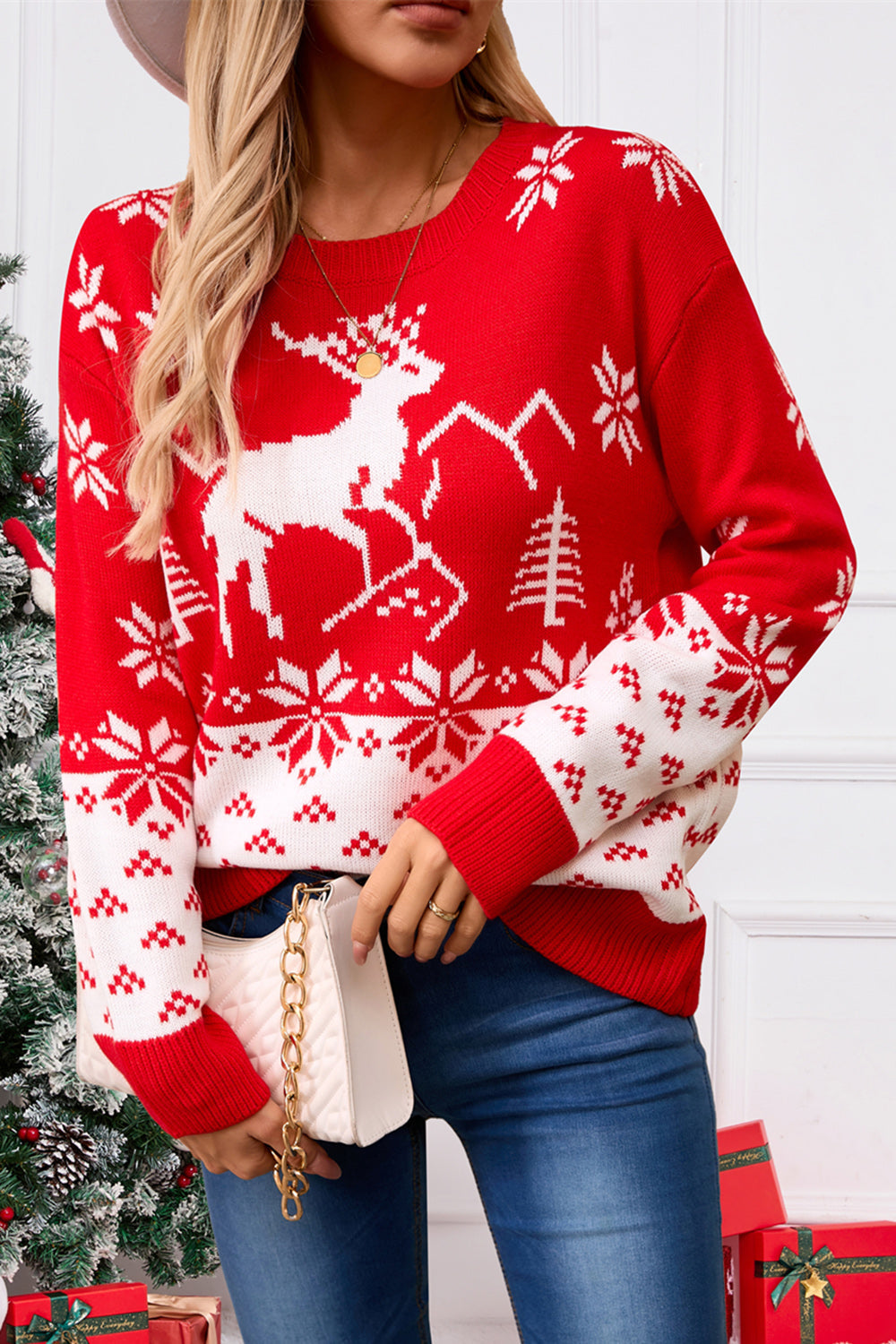 Lydia - Pull à col rond avec motif de cerf et manches longues pour femme
