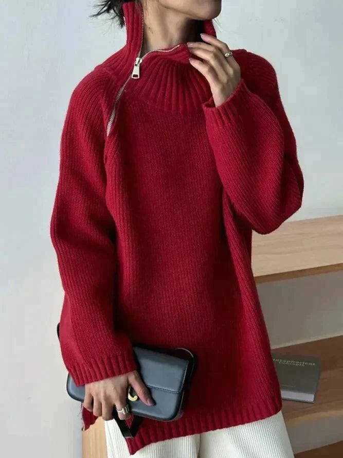 Kaylor - Pull Rouge Uni à Col Haut pour Femmes