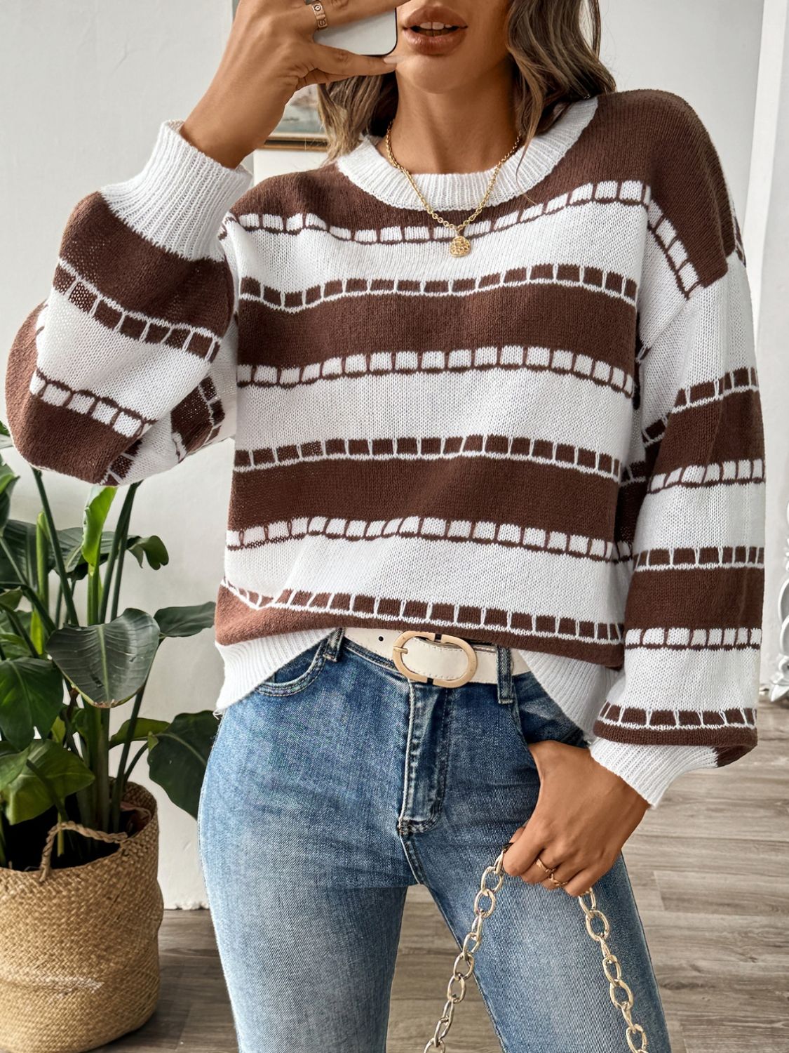 Amelia - Pull rayé à col rond et manches longues pour femme