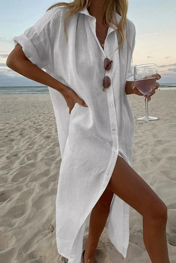 Robe longue boutonnée en lin pour femme - Berna