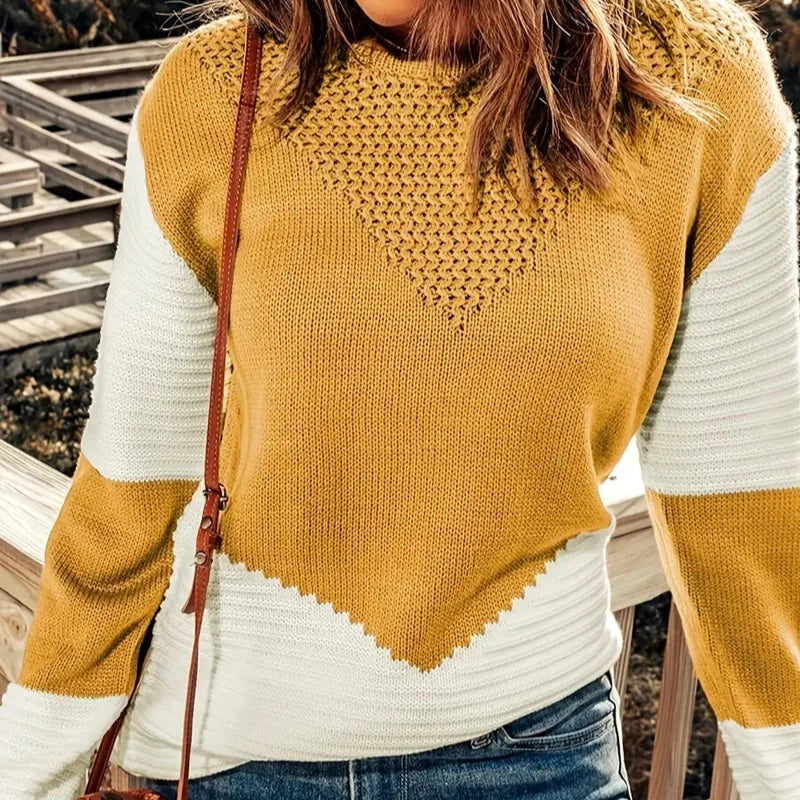 Mila - Gingembre Pull Color Block avec Col Rond pour Femmes