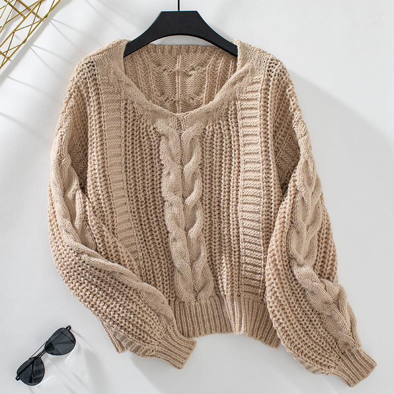 Amara - Pull en maille torsadée avec manches bouffantes et col V pour femme