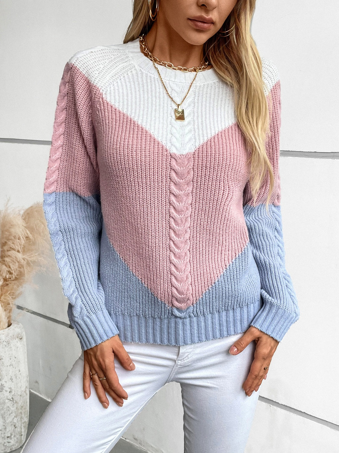 Mila - Pull à manches longues et col rond à blocs de couleurs pour femme