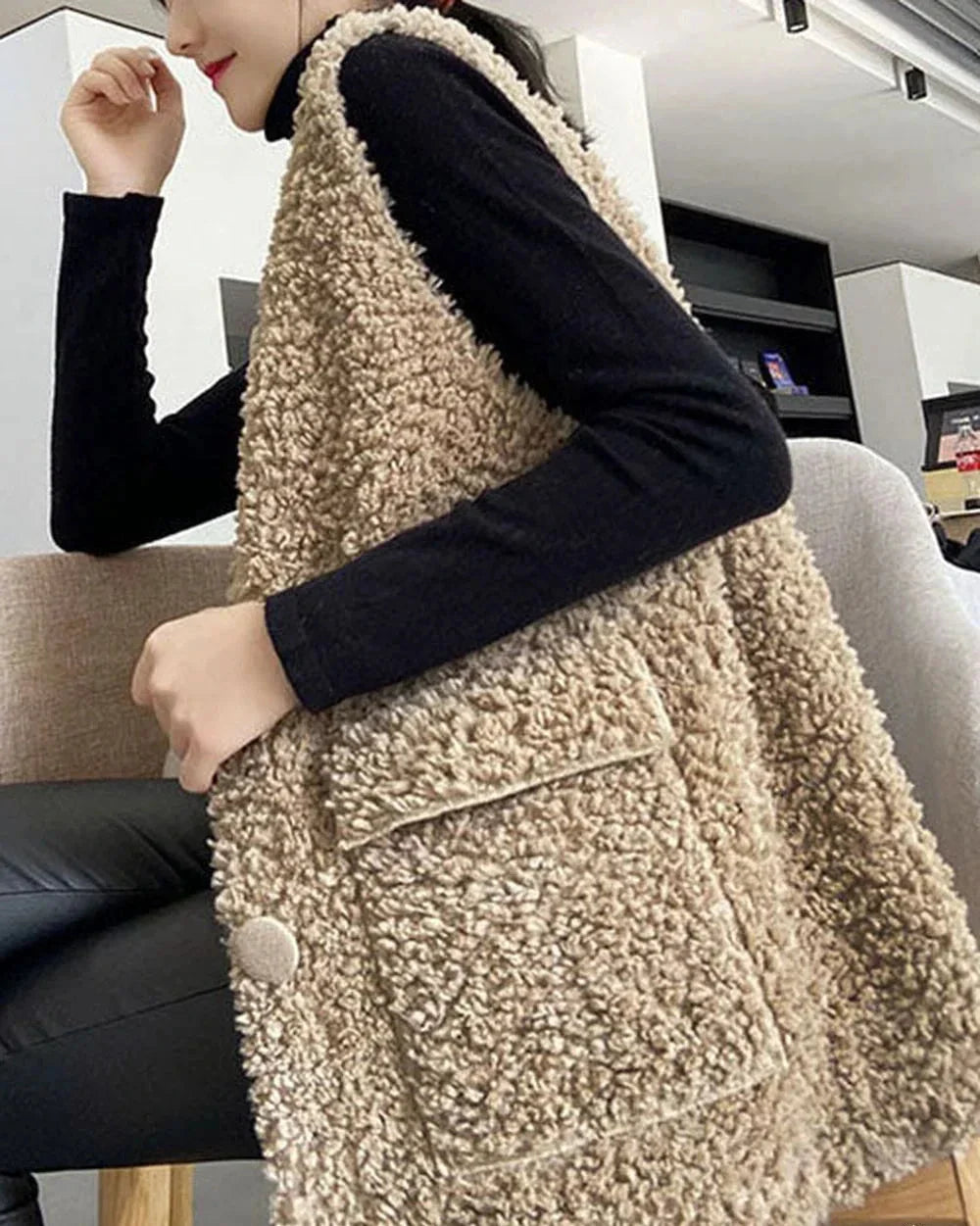 Gilet d'Hiver Kaki avec Poches et Boutons pour Femmes