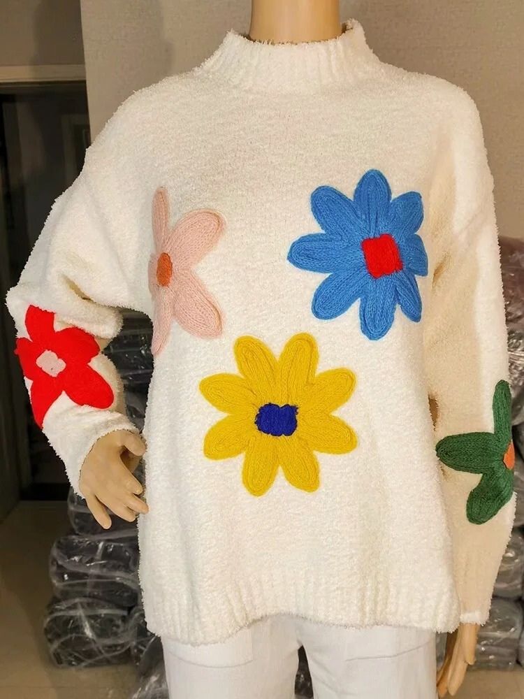 Sofia - Pull Automnal Blanc Tricoté avec Motifs Floraux Élégants pour Femmes