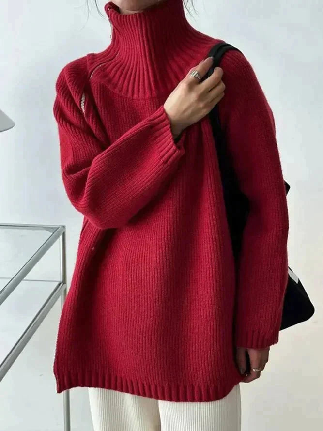 Kaylor - Pull Rouge Uni à Col Haut pour Femmes