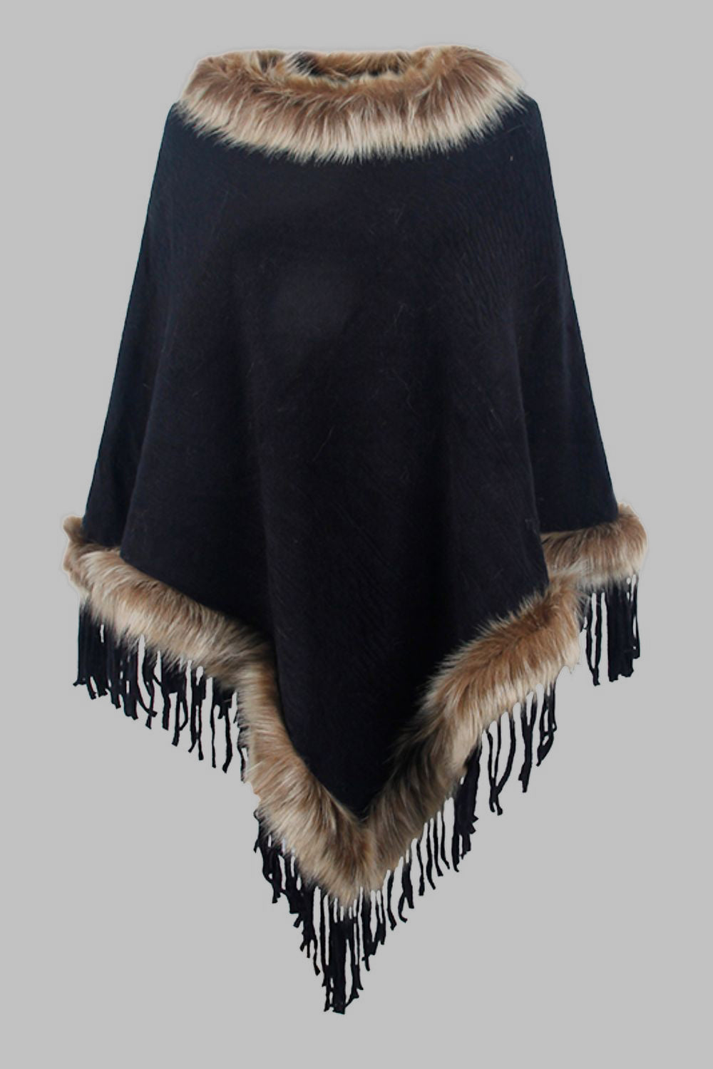 Sofia - Poncho à franges avec bordure en fausse fourrure pour femme