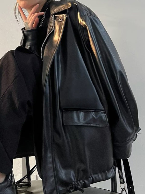 Veste en cuir végétalien noir rétro surdimensionné avec fermeture éclair