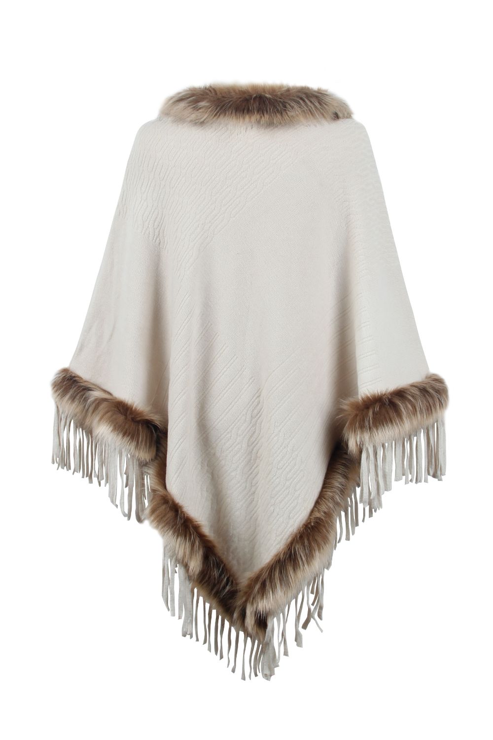 Sofia - Poncho à franges avec bordure en fausse fourrure pour femme