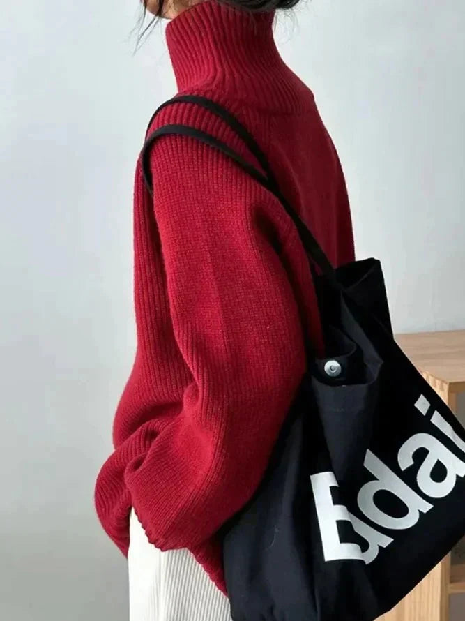 Kaylor - Pull Rouge Uni à Col Haut pour Femmes