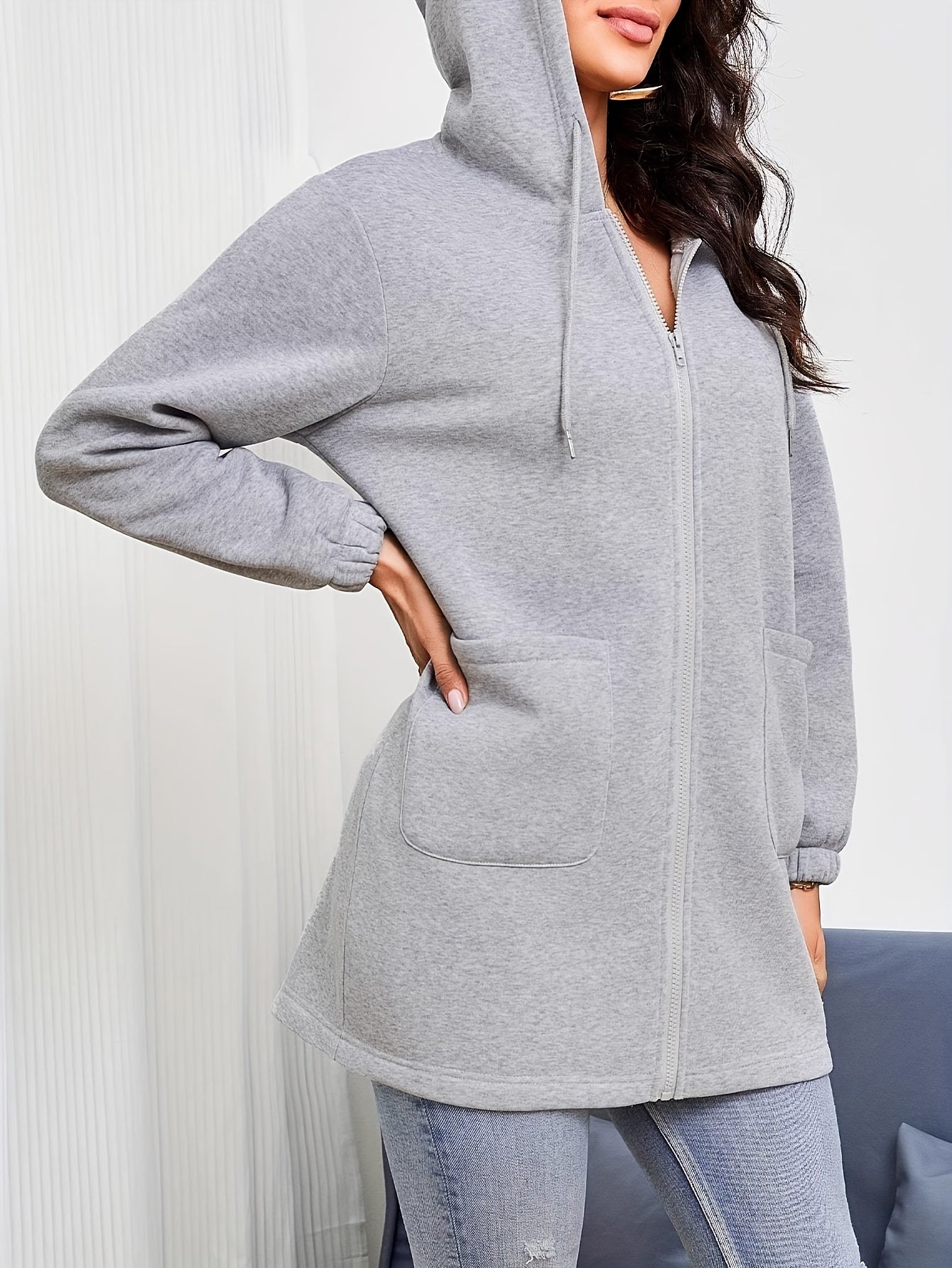 Luna - Gris clair Sweat à Capuche Uni avec Cordon et Poches pour Femmes