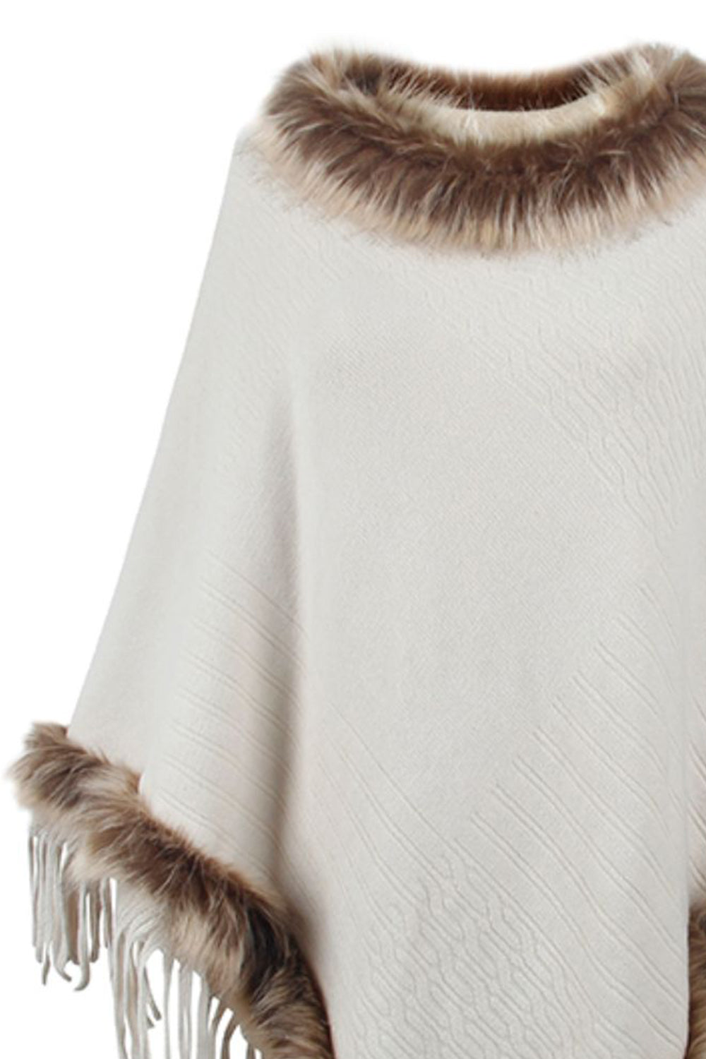 Sofia - Poncho à franges avec bordure en fausse fourrure pour femme