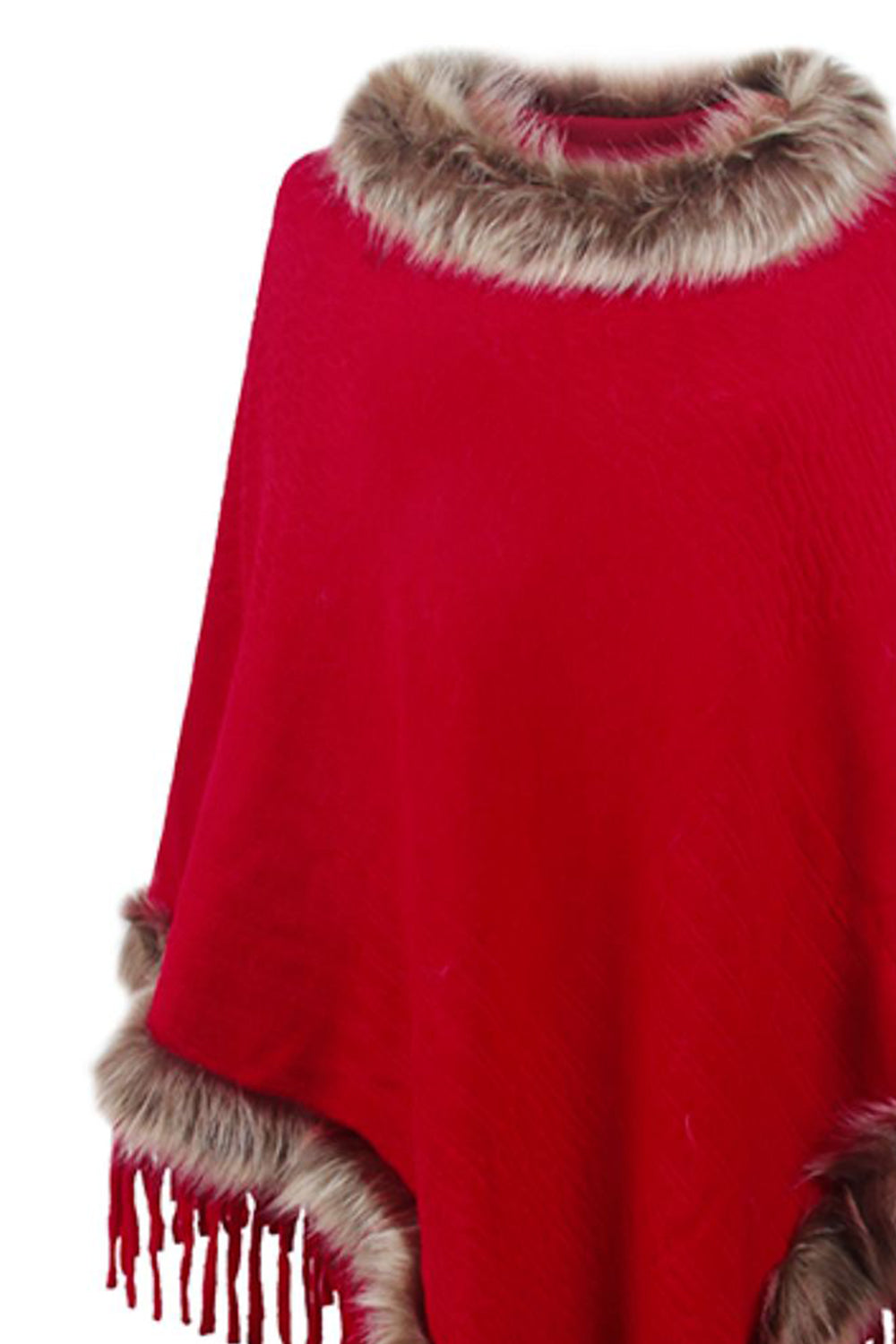 Sofia - Poncho à franges avec bordure en fausse fourrure pour femme