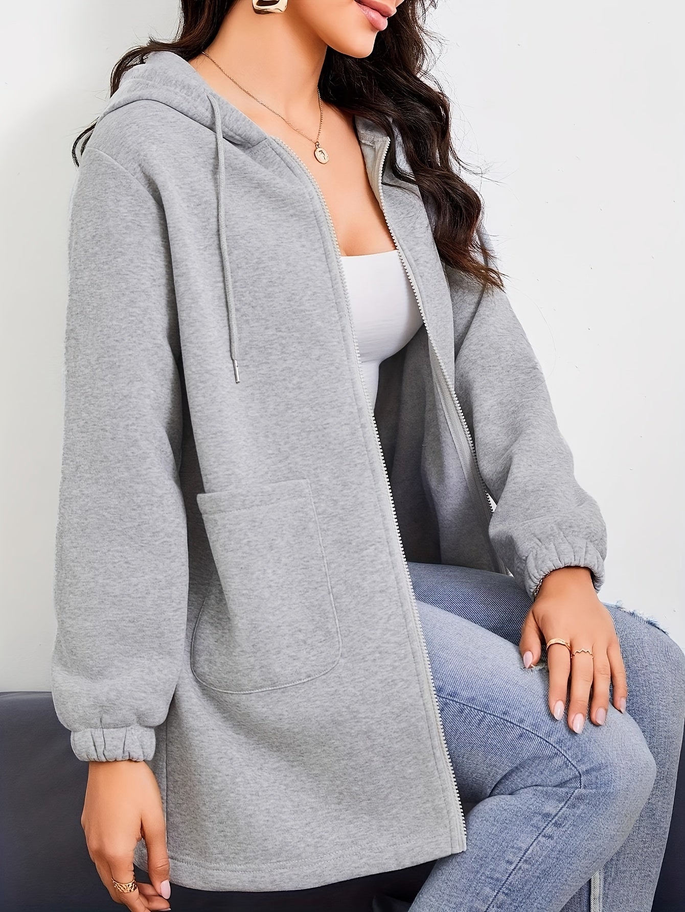 Luna - Gris clair Sweat à Capuche Uni avec Cordon et Poches pour Femmes