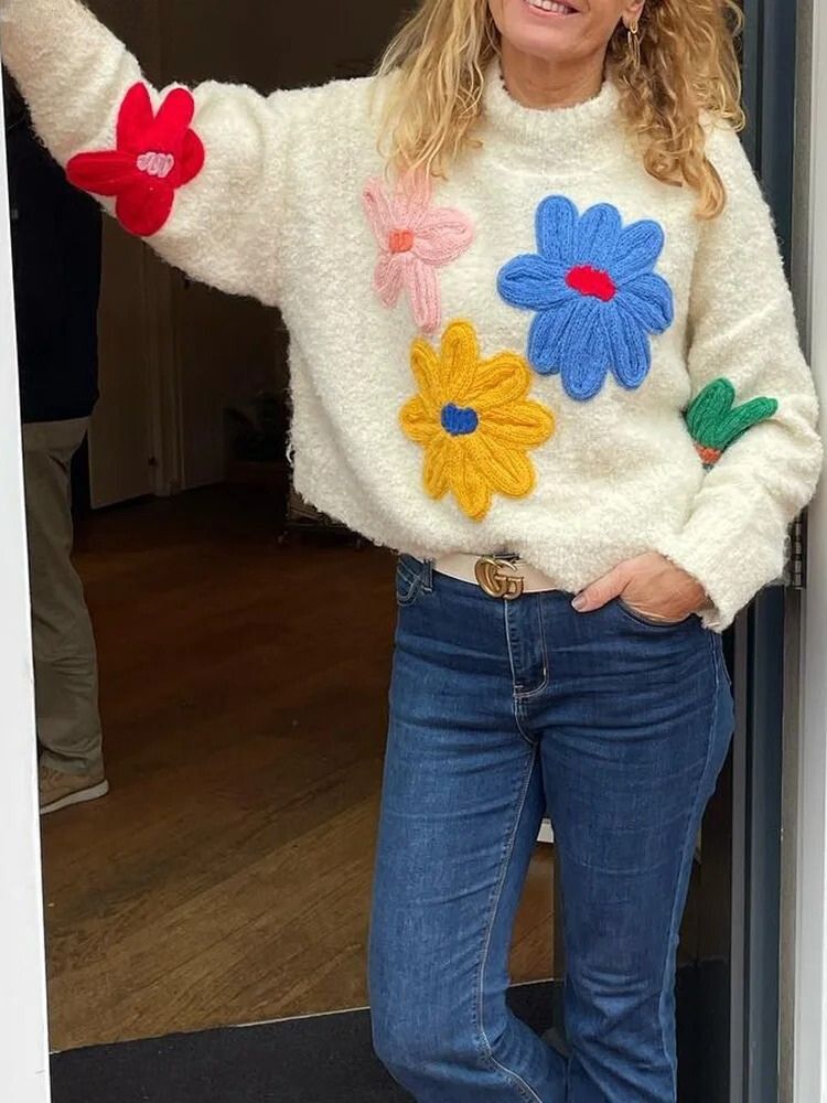 Sofia - Pull Automnal Blanc Tricoté avec Motifs Floraux Élégants pour Femmes