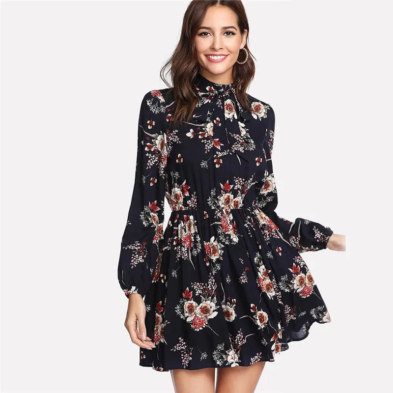Yala - Élégantes robes florales multicolores à manches longues et taille haute