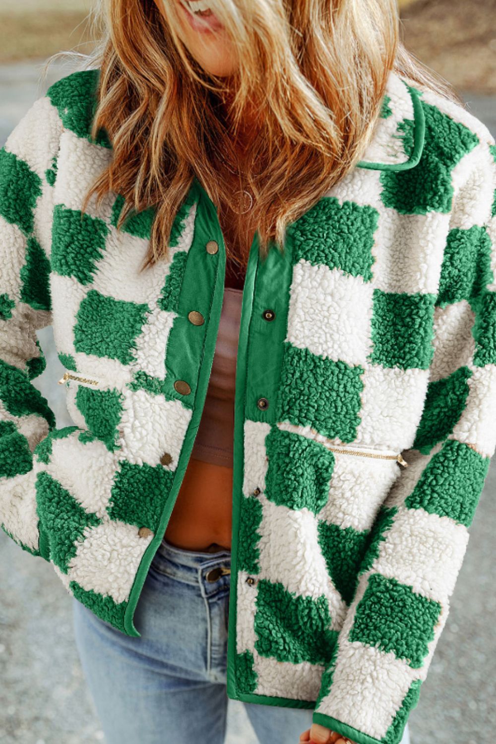 Lana - Vert Veste à manches longues avec motif à carreaux et boutons-pression pour femme