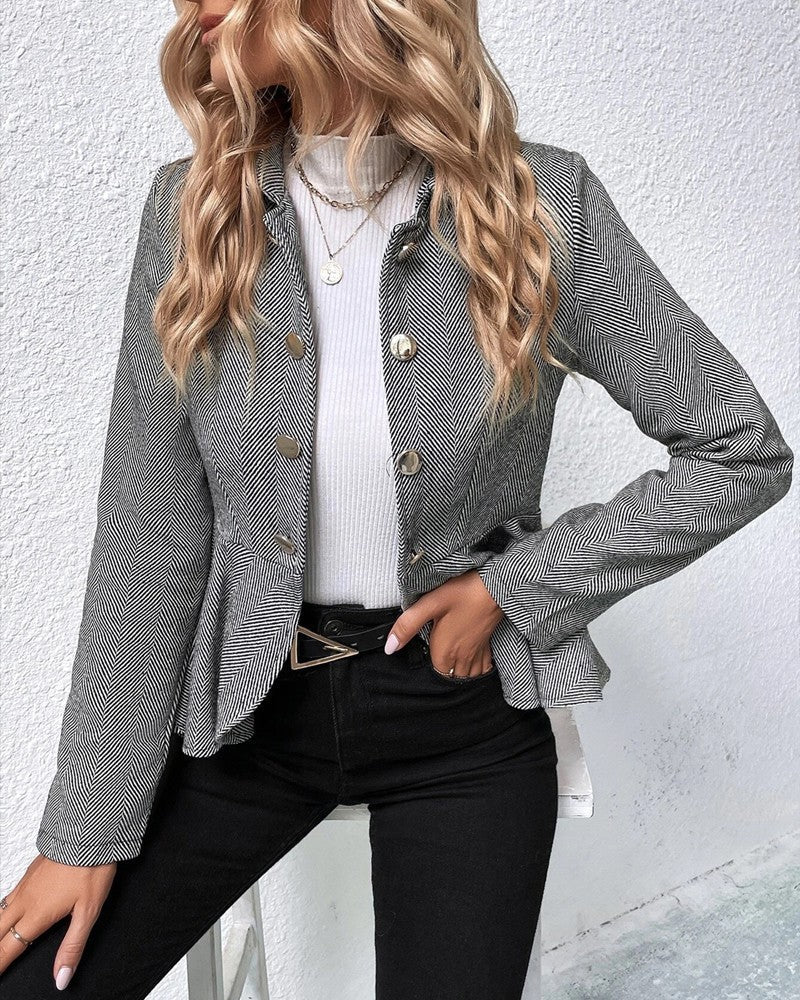 Blazer à Rayures avec Boutons et Ourlet Volant, Coupe Slim Élégante