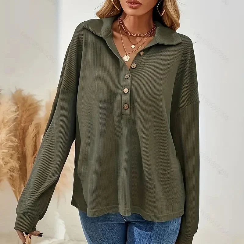 Amara - Vert Blouse Côtelée avec Patte de Boutonnage pour Femme