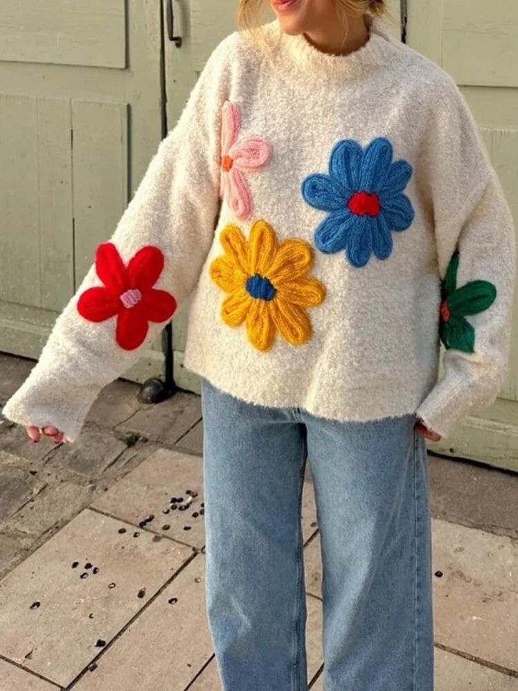 Sofia - Pull Automnal Blanc Tricoté avec Motifs Floraux Élégants pour Femmes