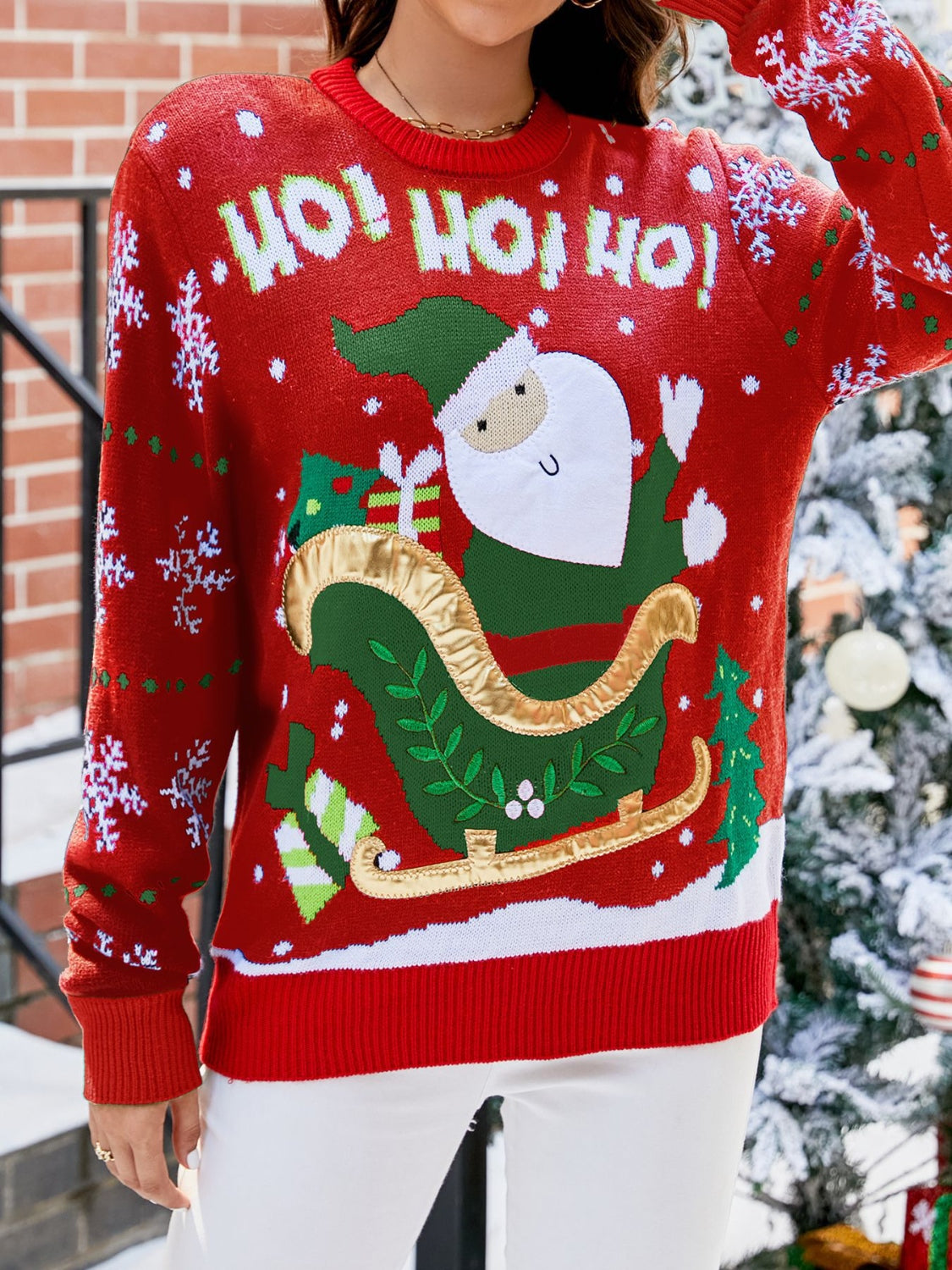 Noelle - Pull à col rond et manches longues avec motif Père Noël pour femme
