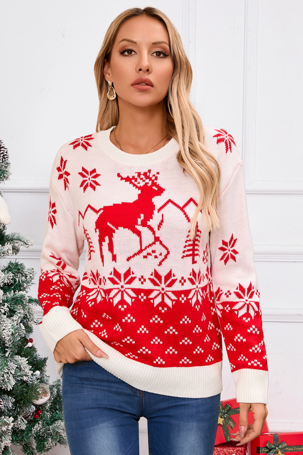 Lydia - Pull à col rond avec motif de cerf et manches longues pour femme