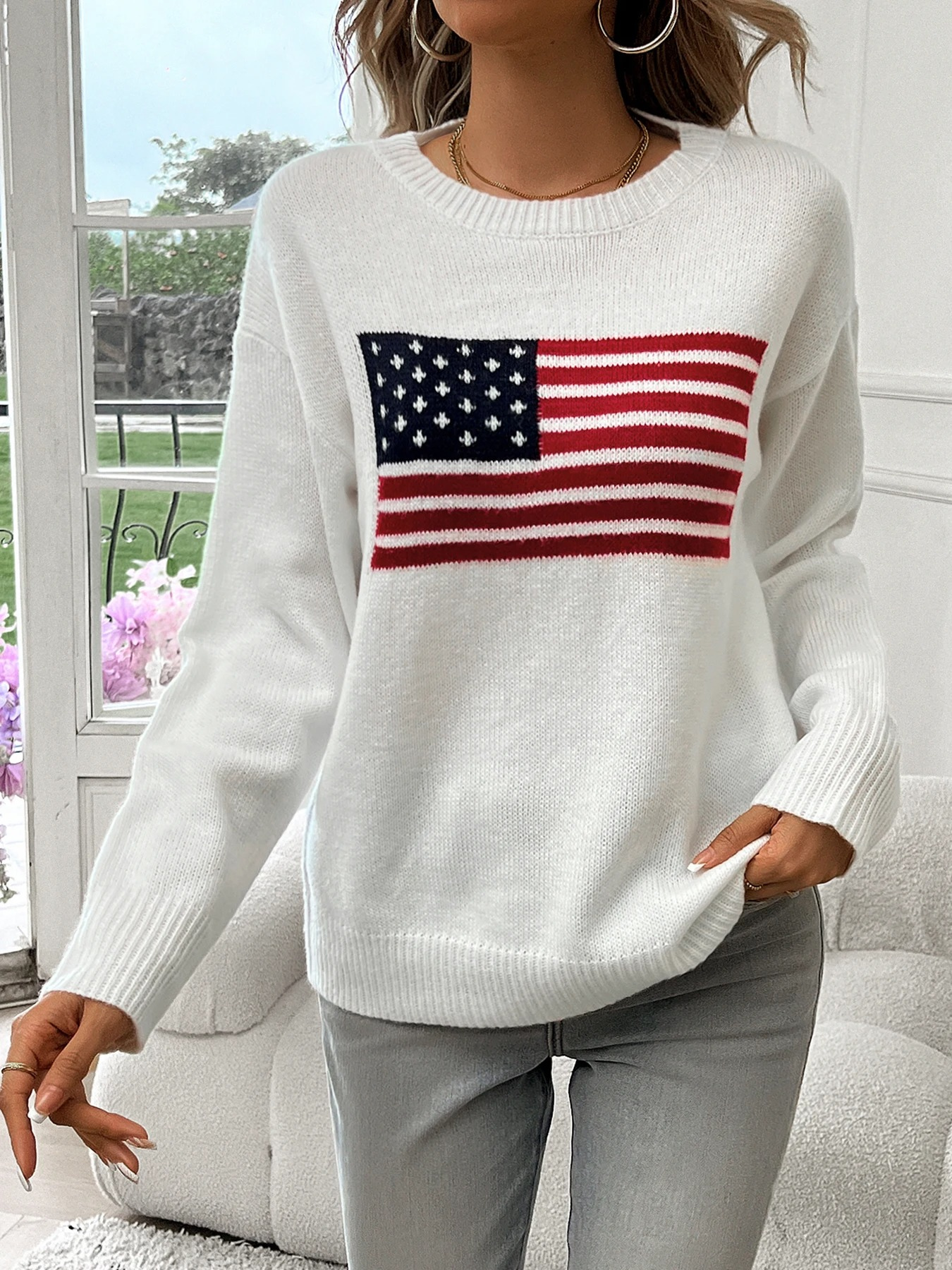Nina - Pull Tricoté Décontracté Blanc avec Imprimé Drapeau Américain pour Femmes