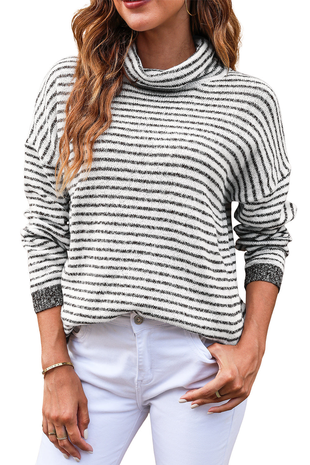 Isla - Pull col roulé rayé gris pour femme