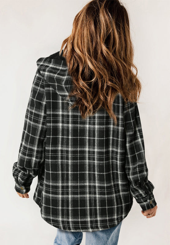Mira - Veste à carreaux boutonnée avec capuche et manches longues pour femme
