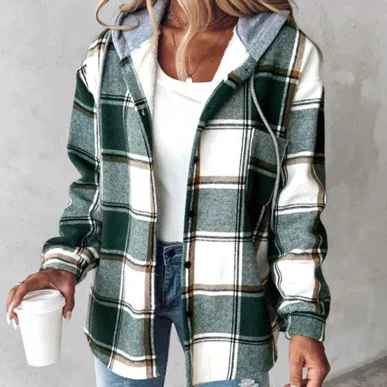 Trudy - Manteau à Carreaux Vert avec Capuche pour Femmes