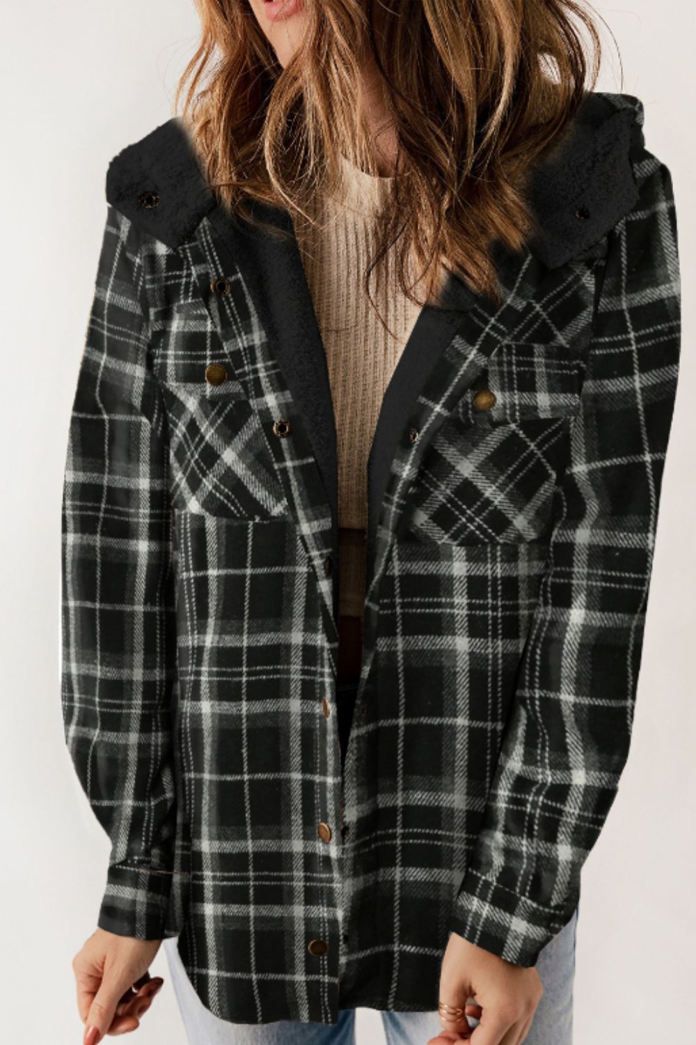 Mira - Veste à carreaux boutonnée avec capuche et manches longues pour femme
