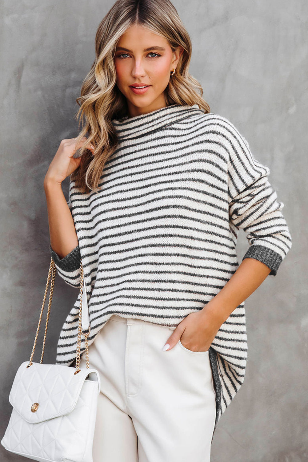Isla - Pull col roulé rayé gris pour femme