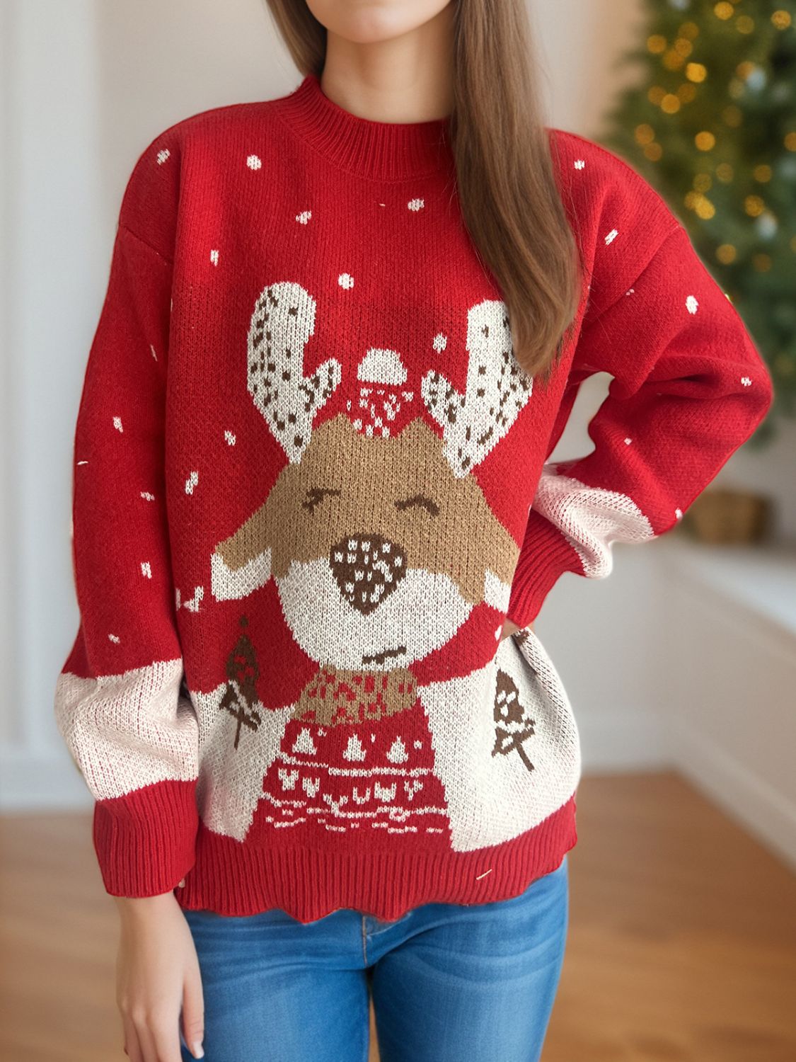 Laila - Pull à col montant avec motif de renne et manches longues pour femme
