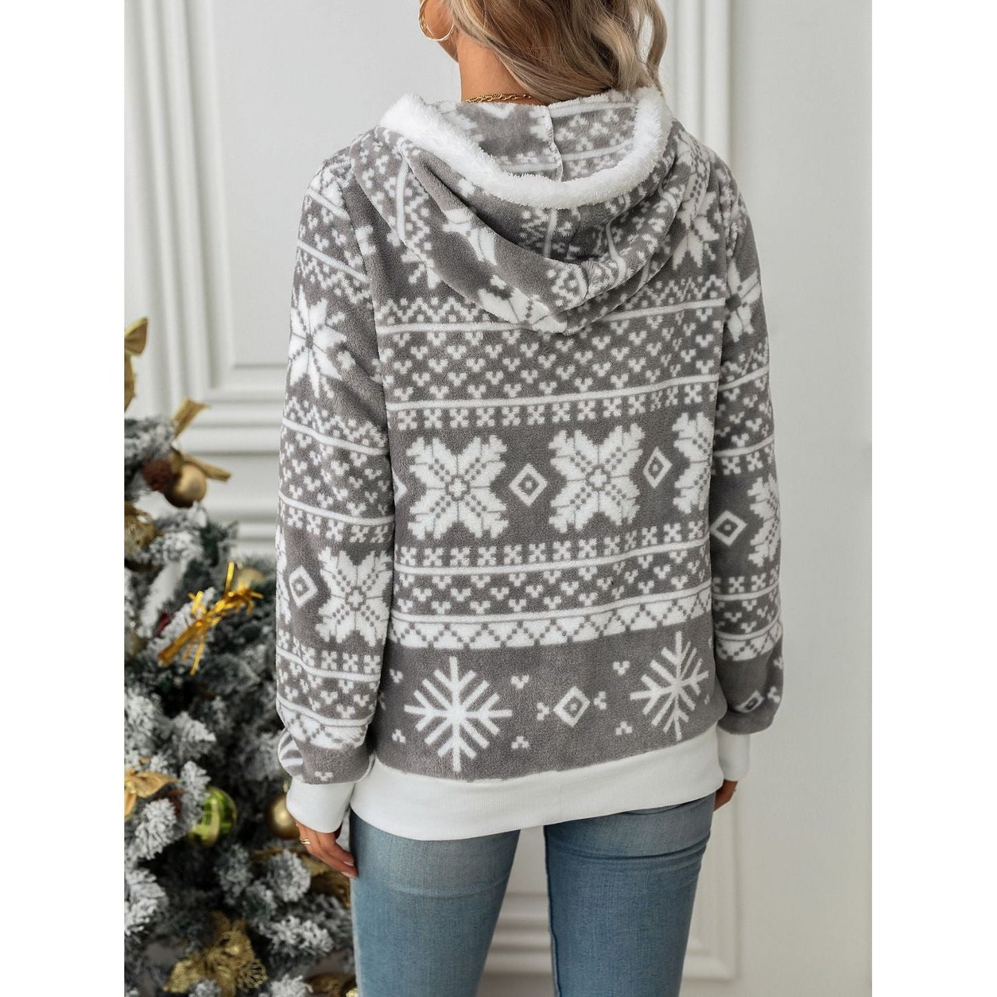 Nora - Gris Veste à Capuche avec Fermeture Éclair et Motif Flocon de Neige pour Femme