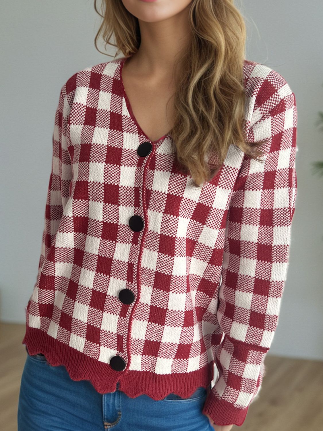 Ava - Cardigan à carreaux avec col en V et boutons pour femme