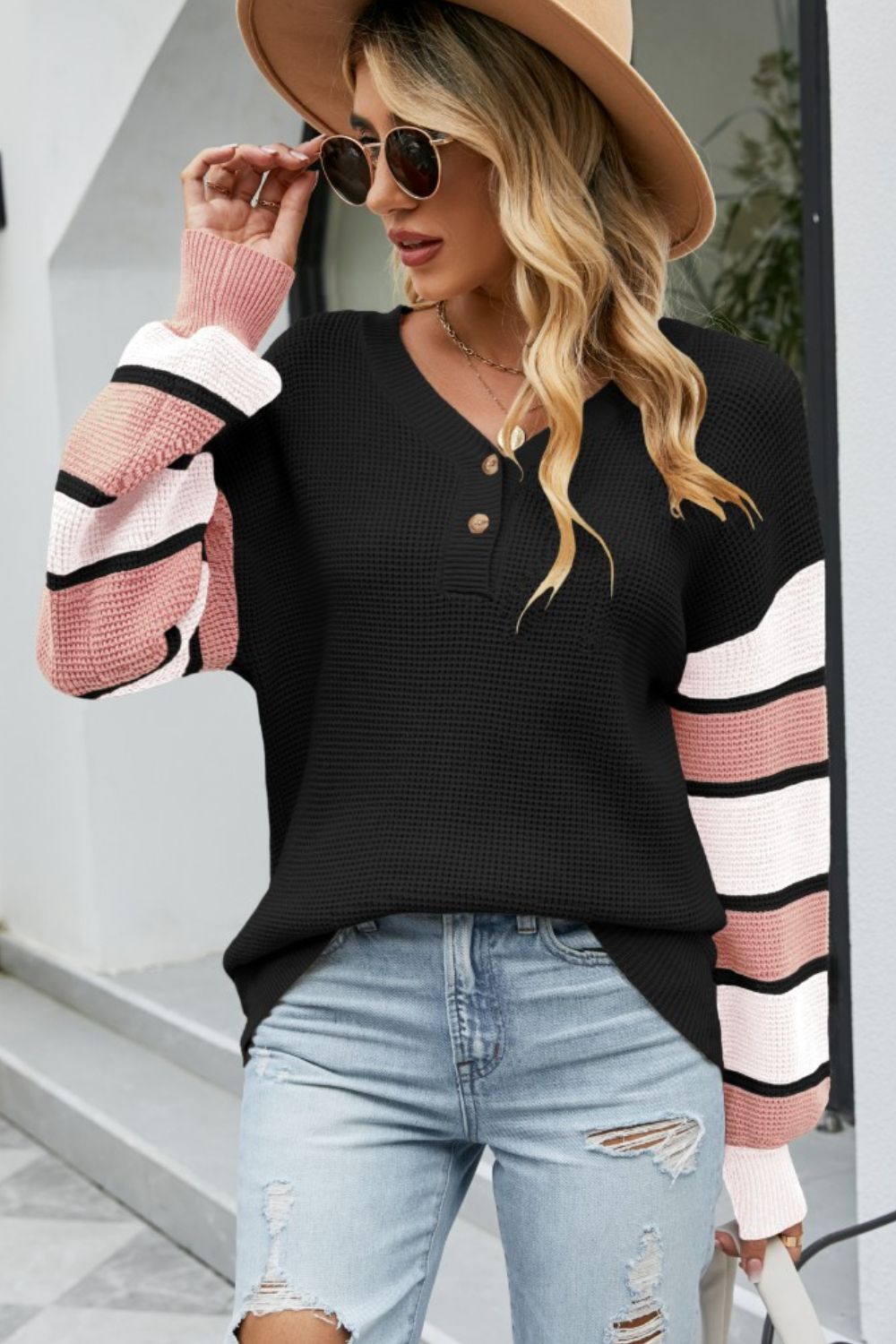 Maya - Pull en maille avec bouton et blocs de couleur pour femme