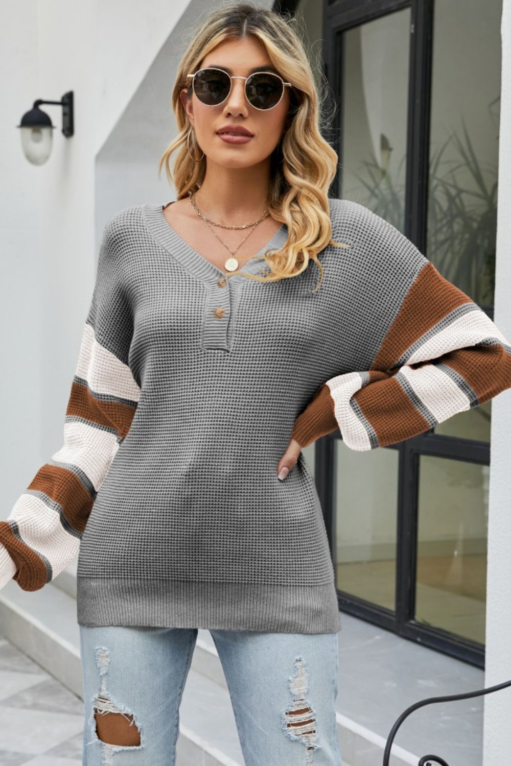 Maya - Pull en maille avec bouton et blocs de couleur pour femme