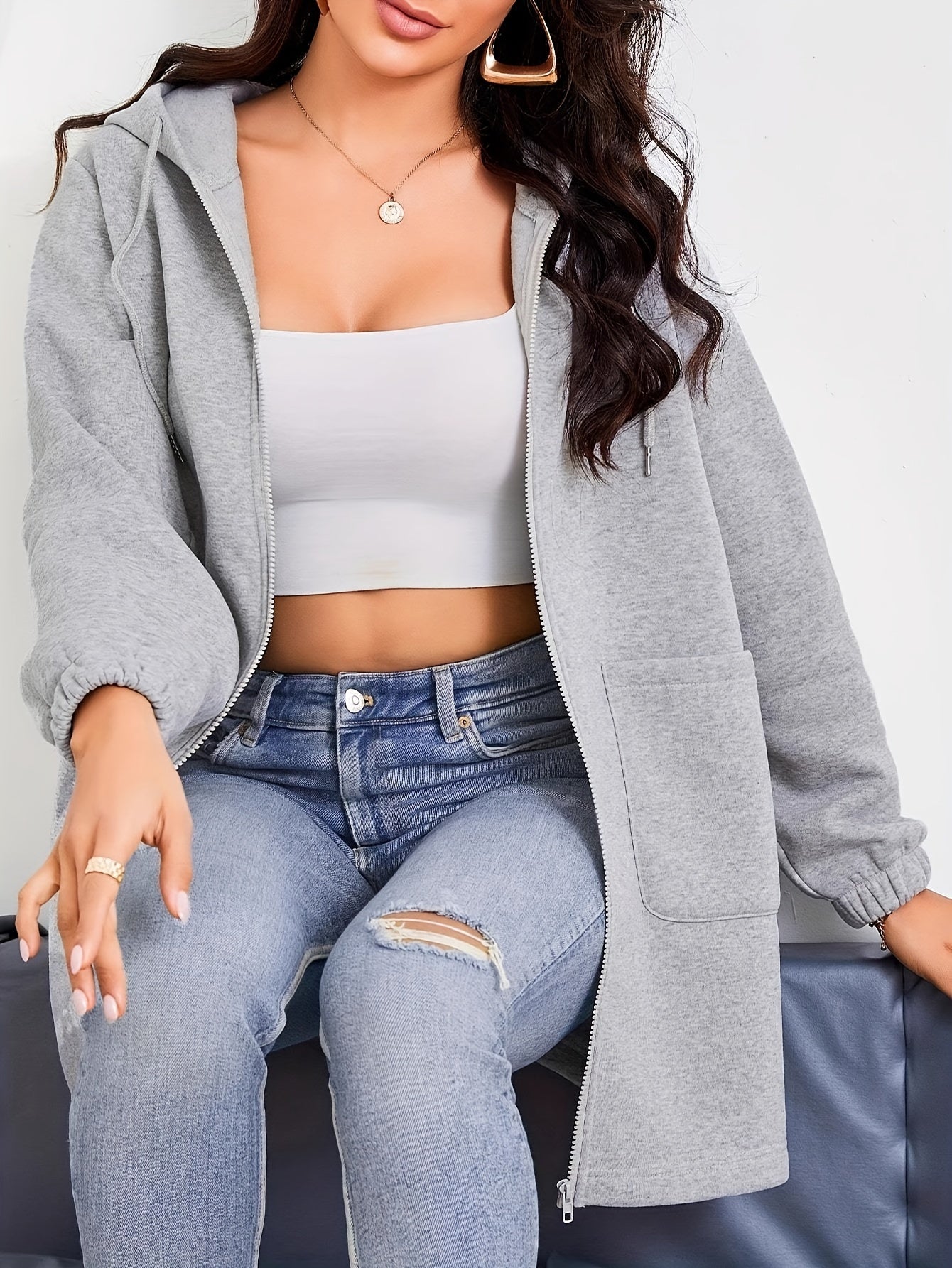 Luna - Gris clair Sweat à Capuche Uni avec Cordon et Poches pour Femmes