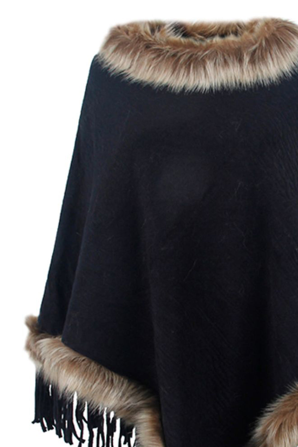 Sofia - Poncho à franges avec bordure en fausse fourrure pour femme