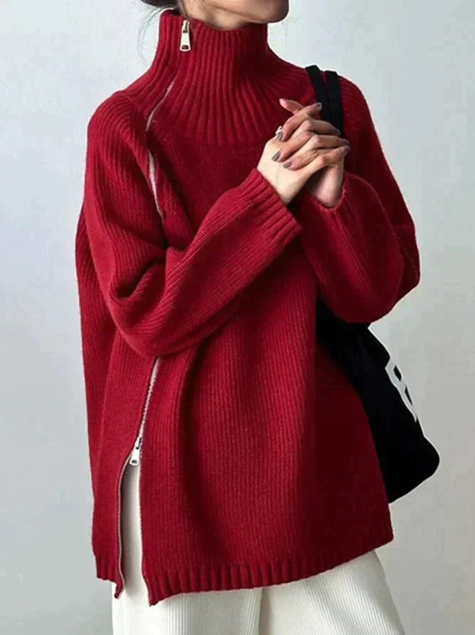Kaylor - Pull Rouge Uni à Col Haut pour Femmes