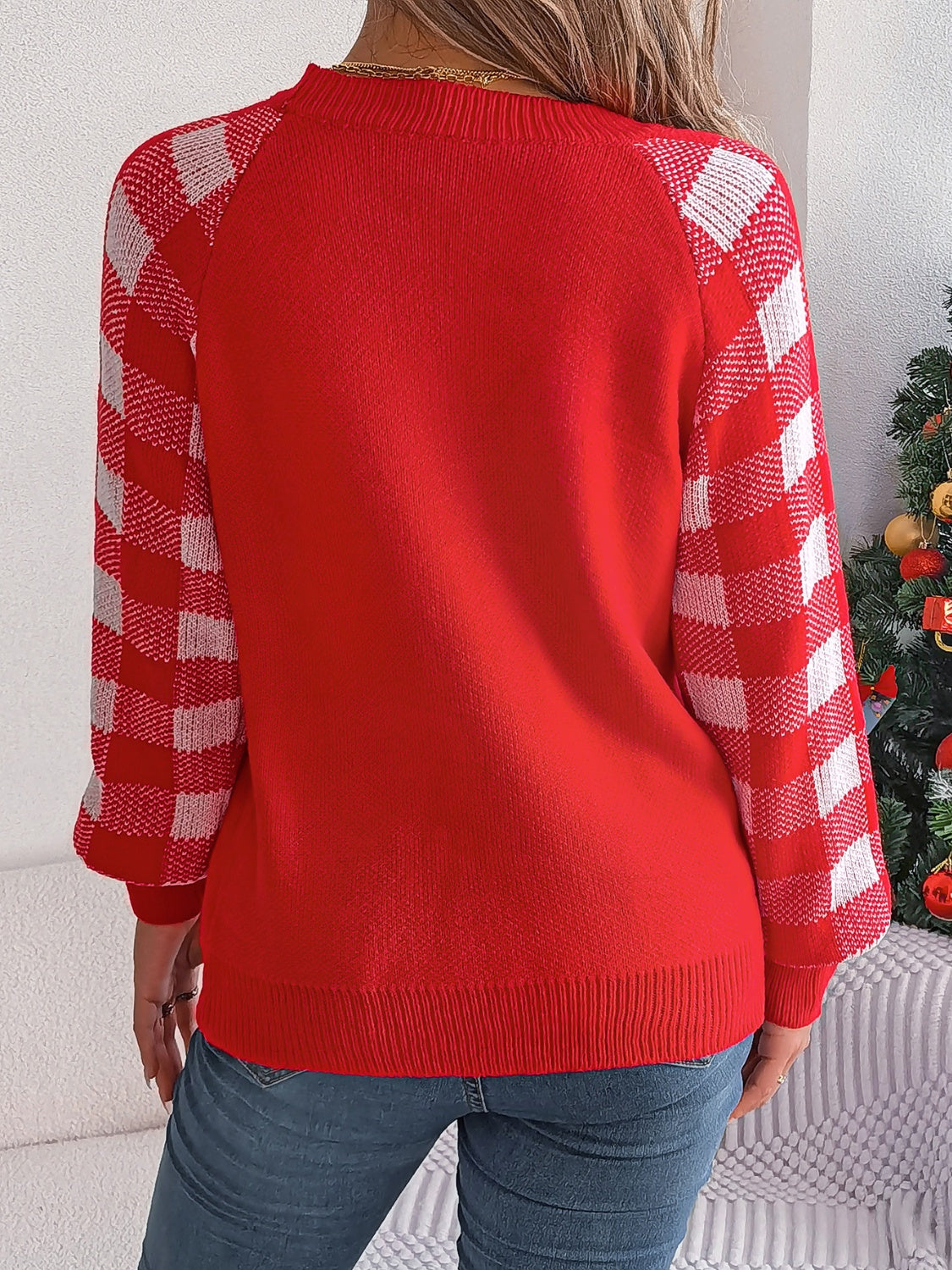 Lena - Pull à col rond avec motif de renne et carreaux pour femme