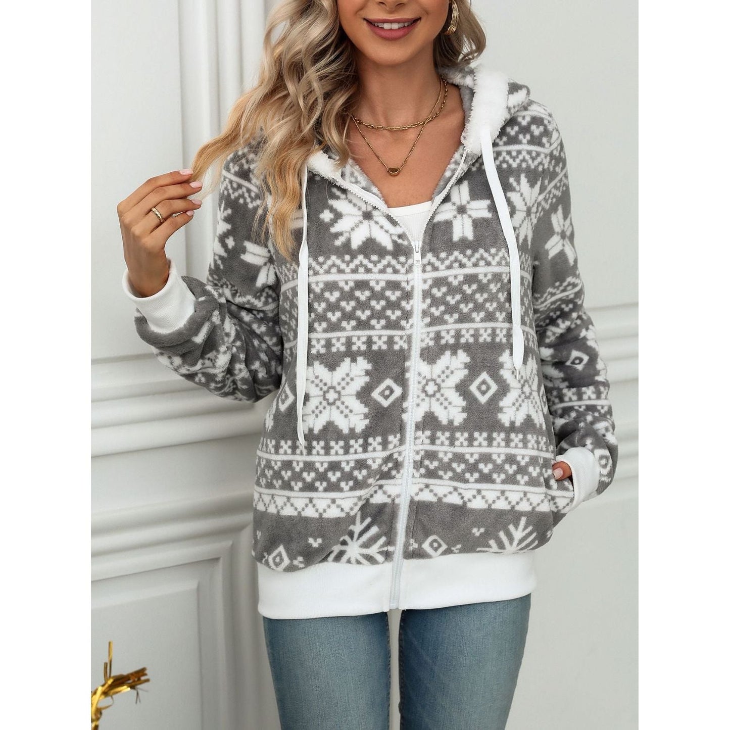 Nora - Gris Veste à Capuche avec Fermeture Éclair et Motif Flocon de Neige pour Femme