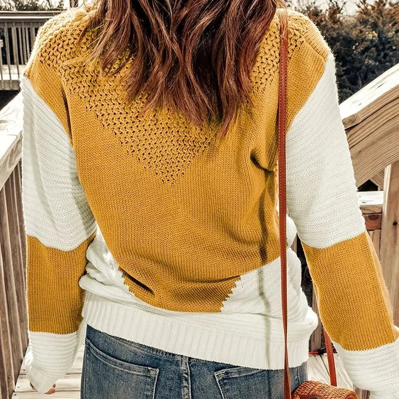 Mila - Gingembre Pull Color Block avec Col Rond pour Femmes